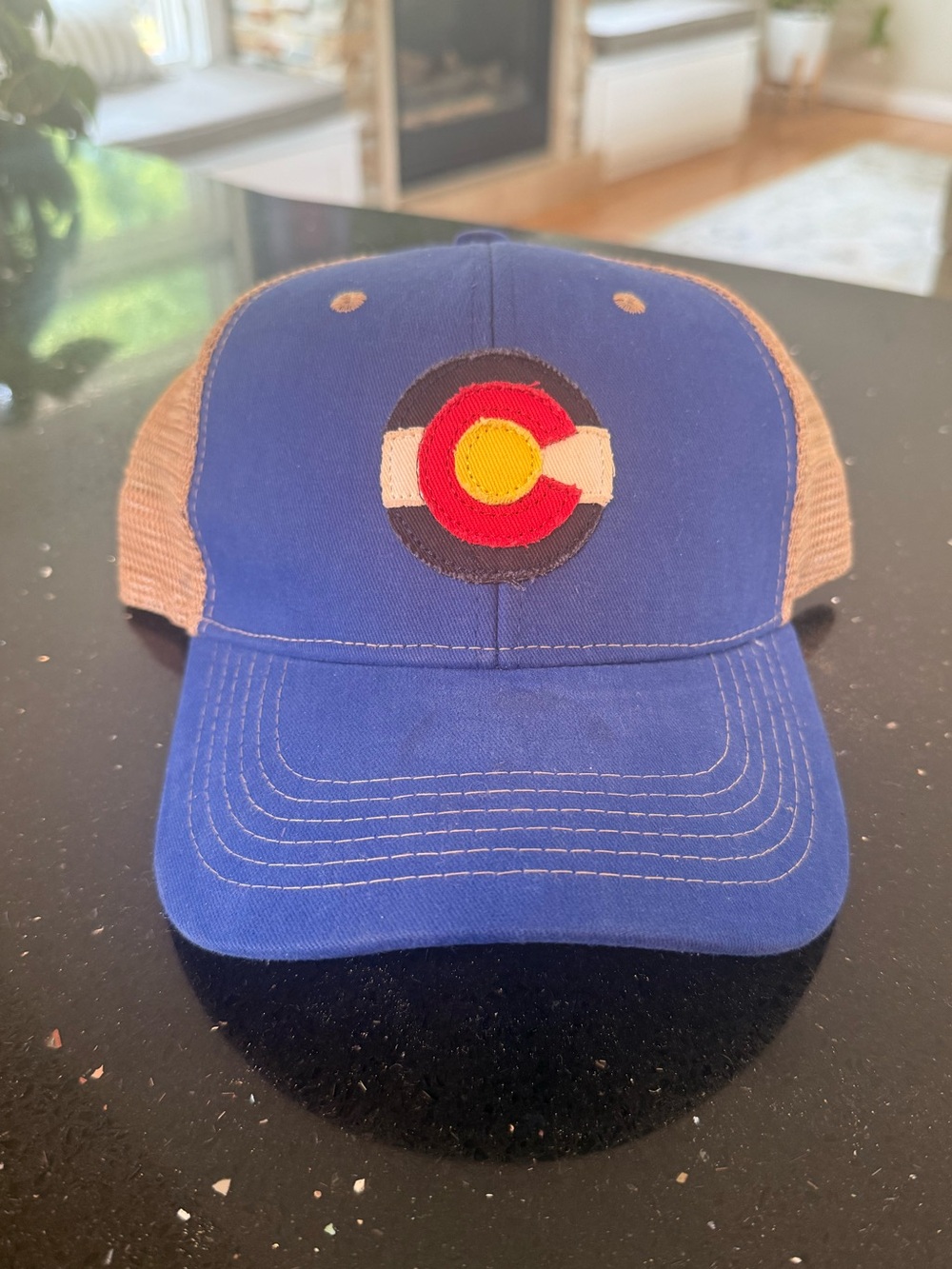 Blue and Tan Trucker Hat with Colorado Patch